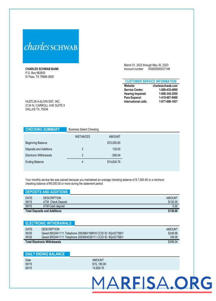 Blank Charles Schwab business bank statement Word and PDF template